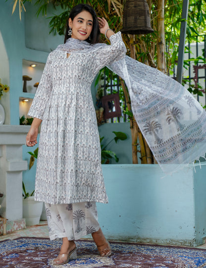 Silver Palm Hand Block printed cotton A-line kurta set with Flattering Flare and Kota Doria dupatta - HL49