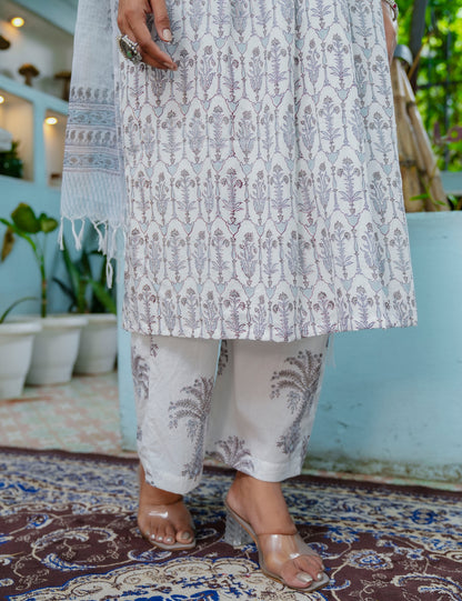 Silver Palm Hand Block printed cotton A-line kurta set with Flattering Flare and Kota Doria dupatta - HL49