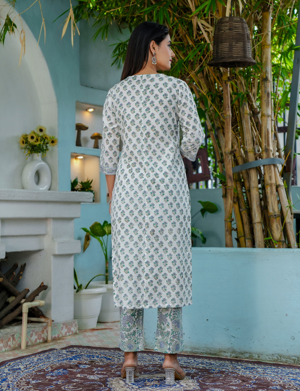 Sage Breeze Hand-Block Printed Cotton Kurta Set with Kota Doria Dupatta - HL50