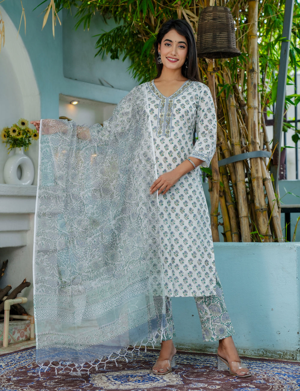Sage Breeze Hand-Block Printed Cotton Kurta Set with Kota Doria Dupatta - HL50