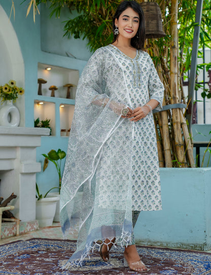 Sage Breeze Hand-Block Printed Cotton Kurta Set with Kota Doria Dupatta - HL50