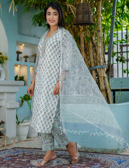 Sage Breeze Hand-Block Printed Cotton Kurta Set with Kota Doria Dupatta - HL50