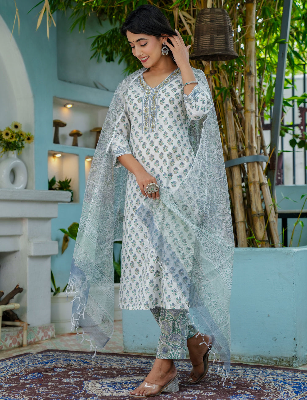 Sage Breeze Hand-Block Printed Cotton Kurta Set with Kota Doria Dupatta - HL50