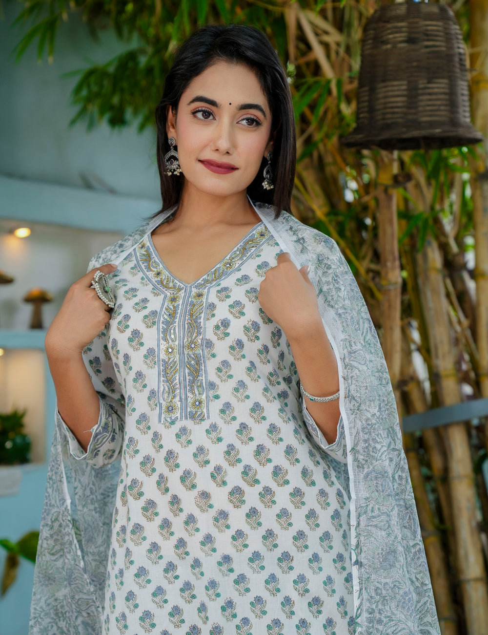 Sage Breeze Hand-Block Printed Cotton Kurta Set with Kota Doria Dupatta - HL50