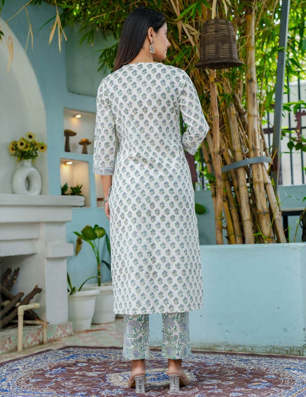 Sage Breeze Hand-Block Printed Straight cut V-necked Cotton Kurta Set with Kota Doria Dupatta - HL51
