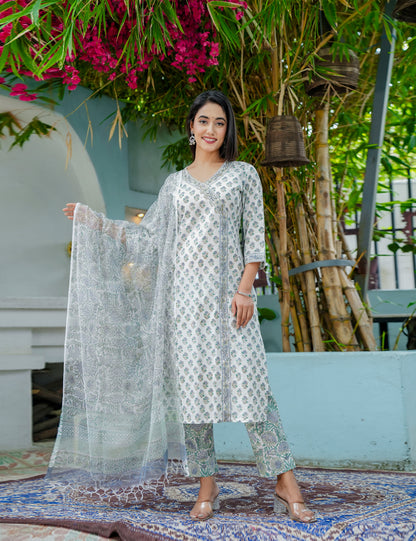 Sage Breeze Hand-Block Printed Straight cut V-necked Cotton Kurta Set with Kota Doria Dupatta - HL51