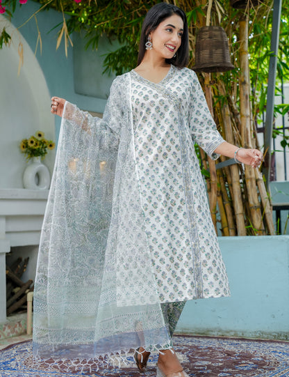Sage Breeze Hand-Block Printed Straight cut V-necked Cotton Kurta Set with Kota Doria Dupatta - HL51