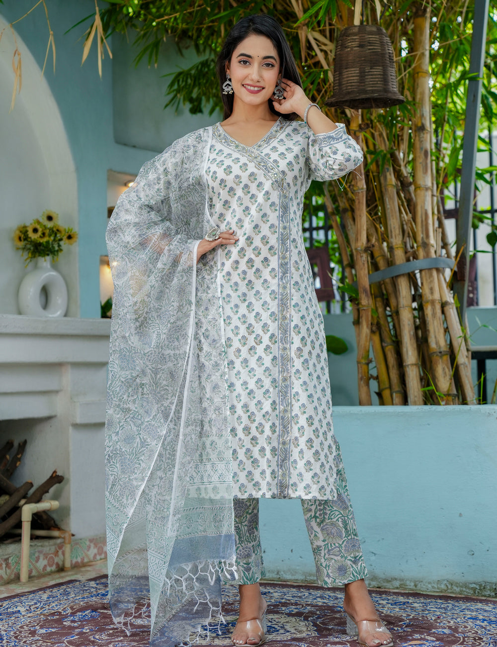 Sage Breeze Hand-Block Printed Straight cut V-necked Cotton Kurta Set with Kota Doria Dupatta - HL51