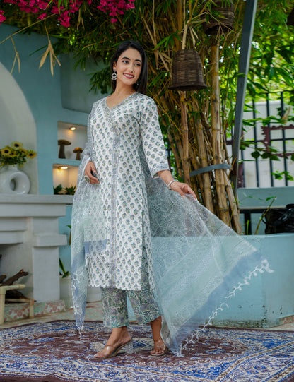 Sage Breeze Hand-Block Printed Straight cut V-necked Cotton Kurta Set with Kota Doria Dupatta - HL51