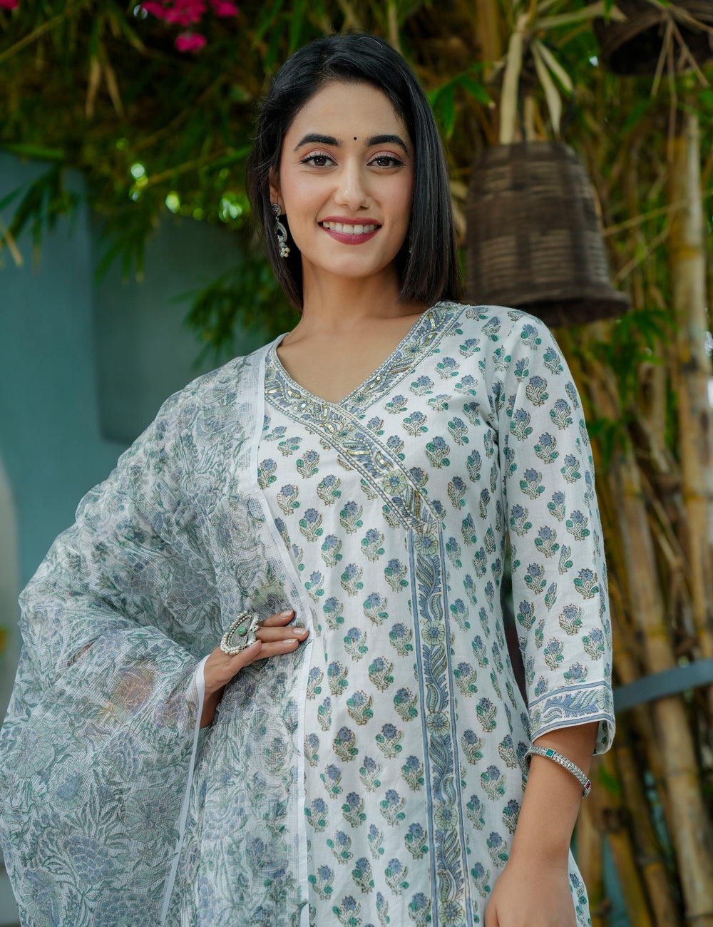 Sage Breeze Hand-Block Printed Straight cut V-necked Cotton Kurta Set with Kota Doria Dupatta - HL51