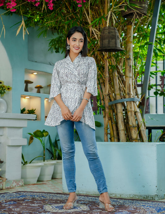 Grey Palm Wrap-Tie Hand-Block Printed Cotton Peplum Kurti - HL53