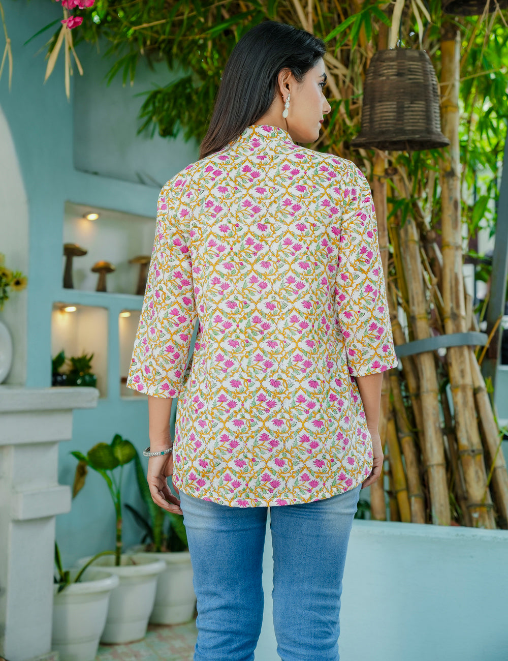 Floral Lattice Hand-Block Printed Cotton Short Kurti - HL54