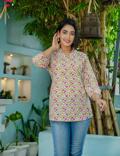 Floral Lattice Hand-Block Printed Cotton Short Kurti - HL54