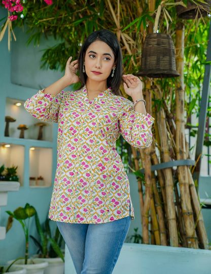 Floral Lattice Hand-Block Printed Cotton Short Kurti - HL54