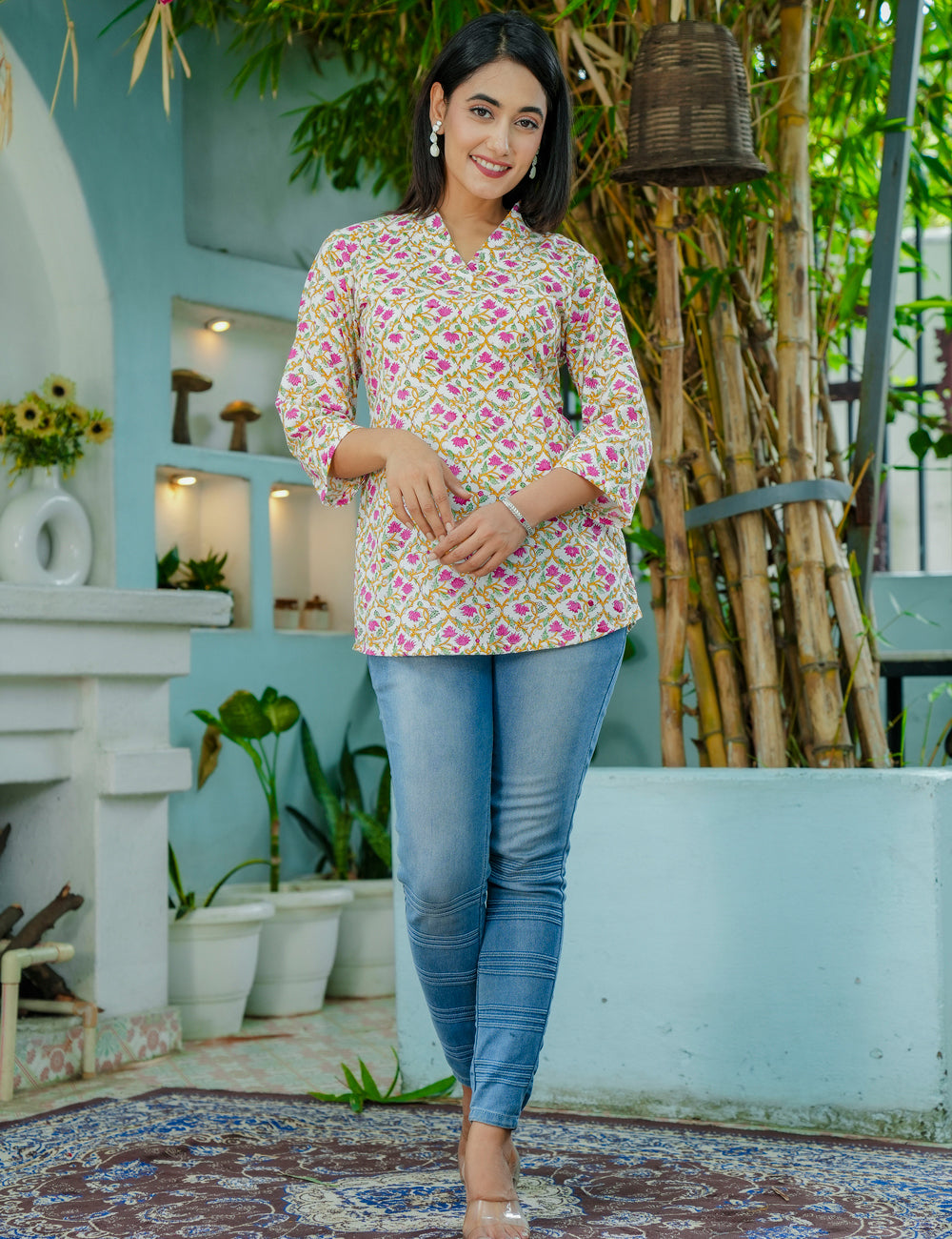 Floral Lattice Hand-Block Printed Cotton Short Kurti - HL54