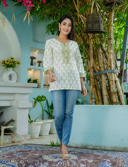 Olive Bloom Hand-Block Floral Printed Cotton Short Kurti - HL55