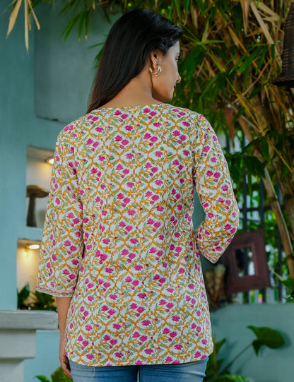 Lattice Bloom Hand-Block Floral Printed Cotton Short Kurti - HL59