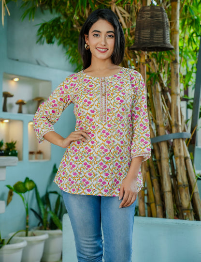 Lattice Bloom Hand-Block Floral Printed Cotton Short Kurti - HL59