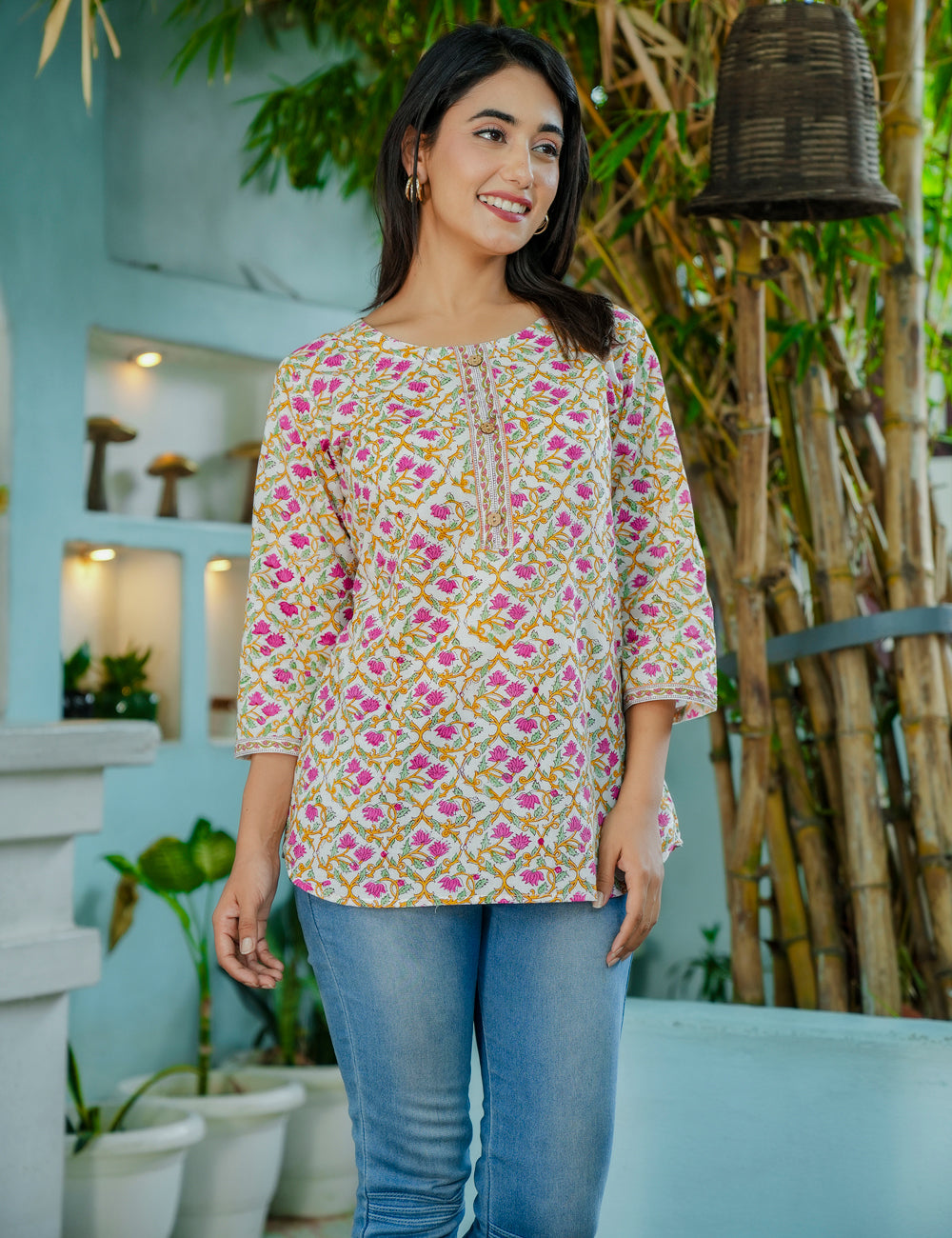 Lattice Bloom Hand-Block Floral Printed Cotton Short Kurti - HL59