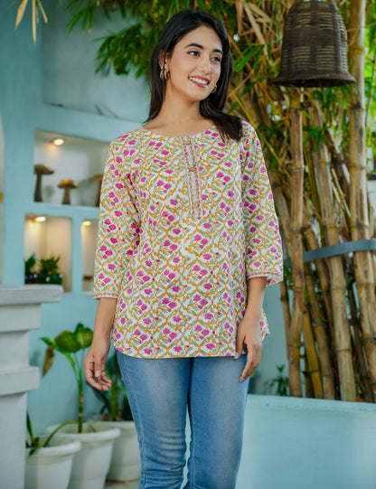 Lattice Bloom Hand-Block Floral Printed Cotton Short Kurti - HL59