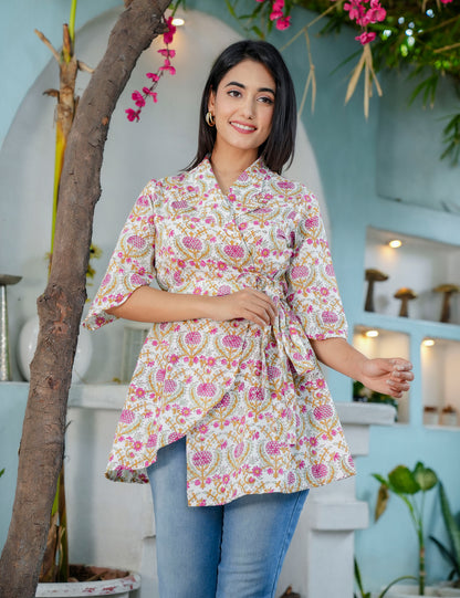 Gul Viraasat Wrap-Style Floral Lattice Hand Block printed Cotton Short Kurti - HL61