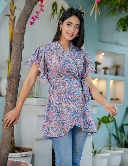 Lavender Bloom Wrap-Style Hand Block printed Cotton Short Kurti Top - HL62