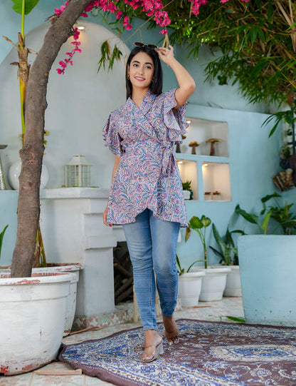 Lavender Bloom Wrap-Style Hand Block printed Cotton Short Kurti Top - HL62