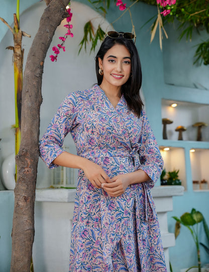 Hand Block Lavender Bloom Wrap-Style Western Cotton Dress - HL63
