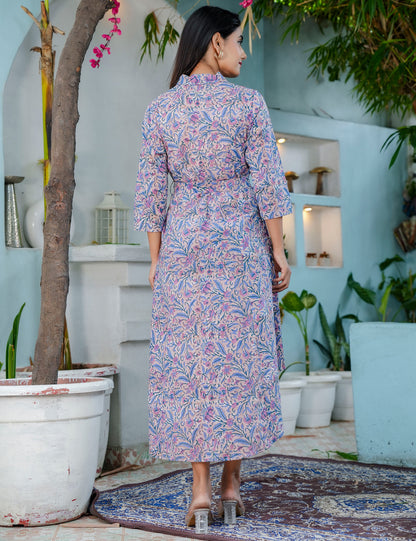 Hand Block Lavender Bloom Wrap-Style Western Cotton Dress - HL63