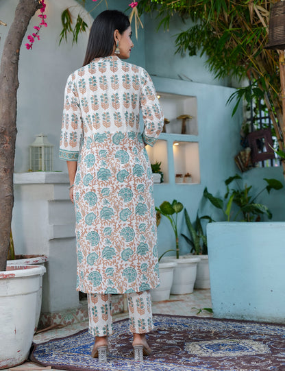 Teal Rust Hand-Block Printed Cotton Straight Cut Kurta Set with Kota Doria Dupatta - HL64