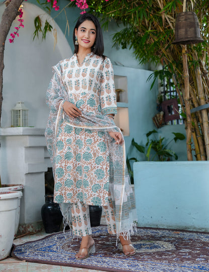 Teal Rust Hand-Block Printed Cotton Straight Cut Kurta Set with Kota Doria Dupatta - HL64