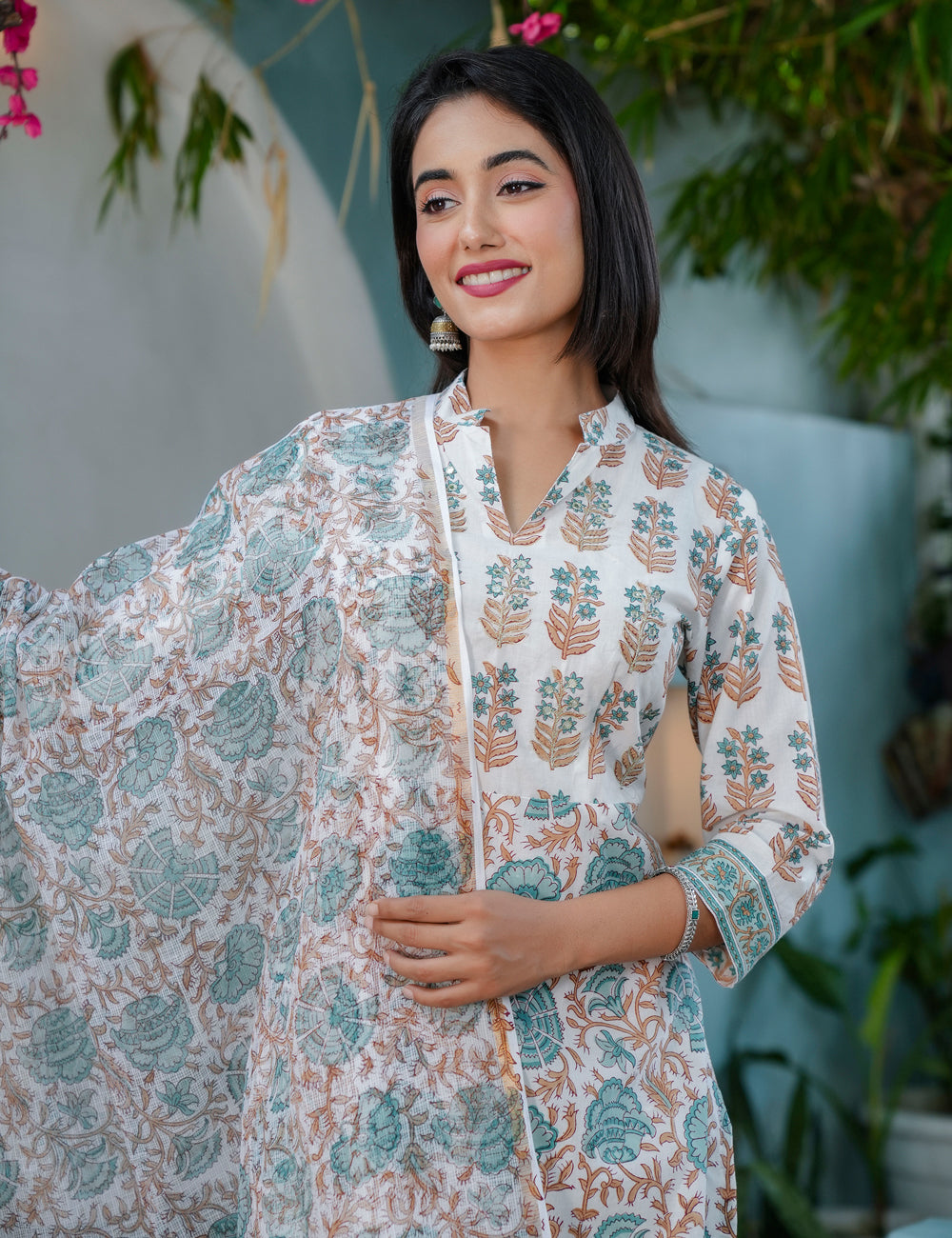 Teal Rust Hand-Block Printed Cotton Straight Cut Kurta Set with Kota Doria Dupatta - HL64