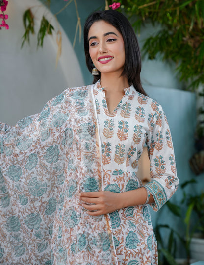 Teal Rust Hand-Block Printed Cotton Straight Cut Kurta Set with Kota Doria Dupatta - HL64