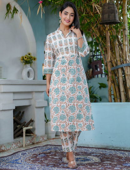 Teal Rust Hand-Block Printed Cotton Straight Cut Kurta Set with Kota Doria Dupatta - HL64