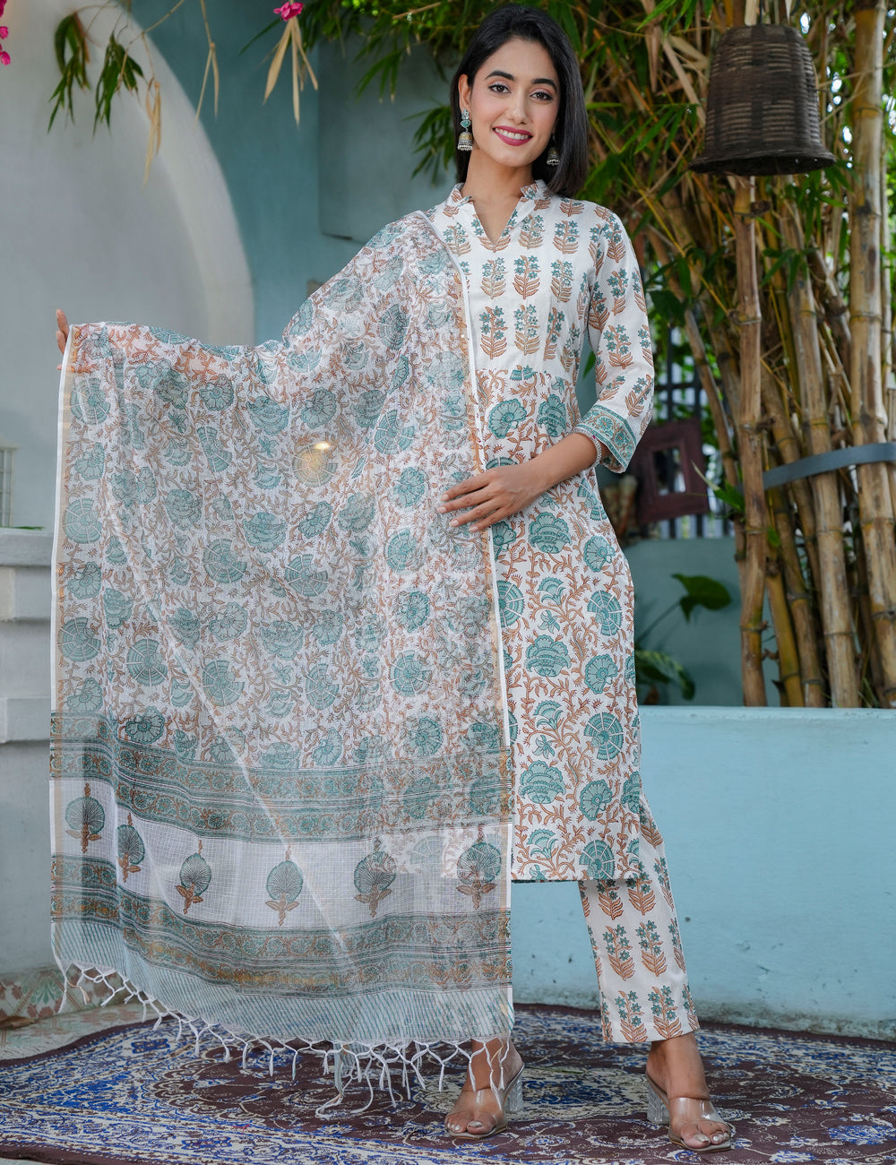 Teal Rust Hand-Block Printed Cotton Straight Cut Kurta Set with Kota Doria Dupatta - HL64