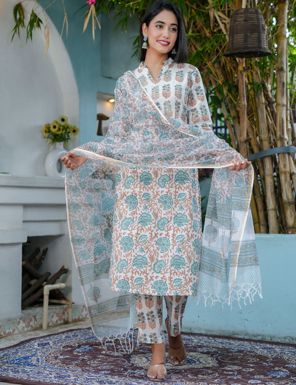 Teal Rust Hand-Block Printed Cotton Straight Cut Kurta Set with Kota Doria Dupatta - HL64