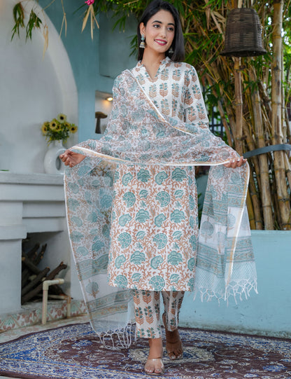 Teal Rust Hand-Block Printed Cotton Straight Cut Kurta Set with Kota Doria Dupatta - HL64