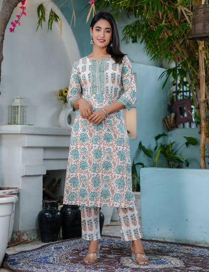Teal Rust Embroidered Yoke Hand-Block Printed Cotton Kurta Set with Kota Doria Dupatta - HL65