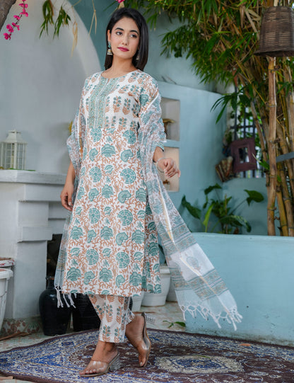 Teal Rust Embroidered Yoke Hand-Block Printed Cotton Kurta Set with Kota Doria Dupatta - HL65