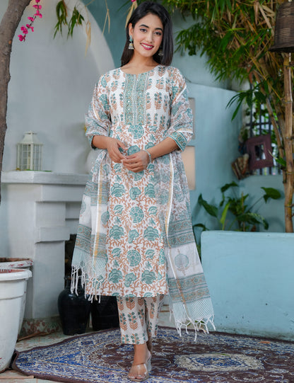 Teal Rust Embroidered Yoke Hand-Block Printed Cotton Kurta Set with Kota Doria Dupatta - HL65