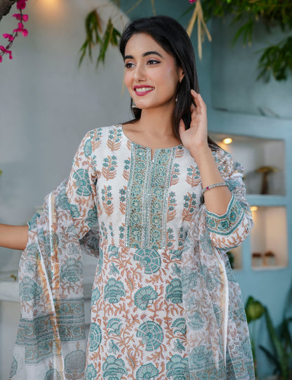 Teal Rust Embroidered Yoke Hand-Block Printed Cotton Kurta Set with Kota Doria Dupatta - HL65