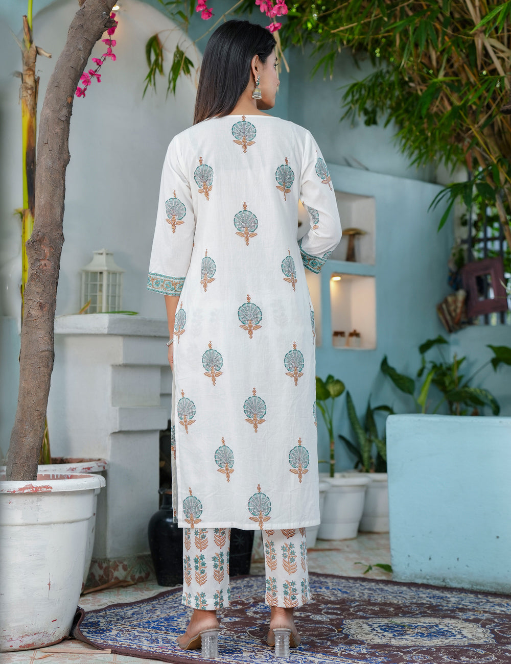 Teal Rust Hand-Block Printed Cotton Straight Cut Kurta Set with Embroidered Yoke & Kota Doria Dupatta- HL66