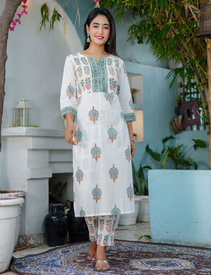 Teal Rust Hand-Block Printed Cotton Straight Cut Kurta Set with Embroidered Yoke & Kota Doria Dupatta- HL66