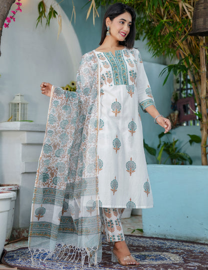 Teal Rust Hand-Block Printed Cotton Straight Cut Kurta Set with Embroidered Yoke & Kota Doria Dupatta- HL66