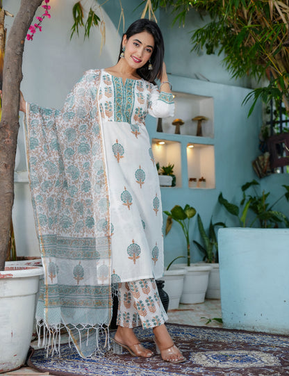 Teal Rust Hand-Block Printed Cotton Straight Cut Kurta Set with Embroidered Yoke & Kota Doria Dupatta- HL66