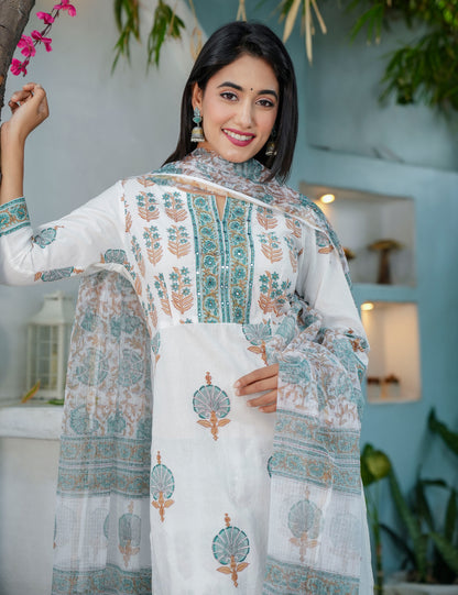 Teal Rust Hand-Block Printed Cotton Straight Cut Kurta Set with Embroidered Yoke & Kota Doria Dupatta- HL66