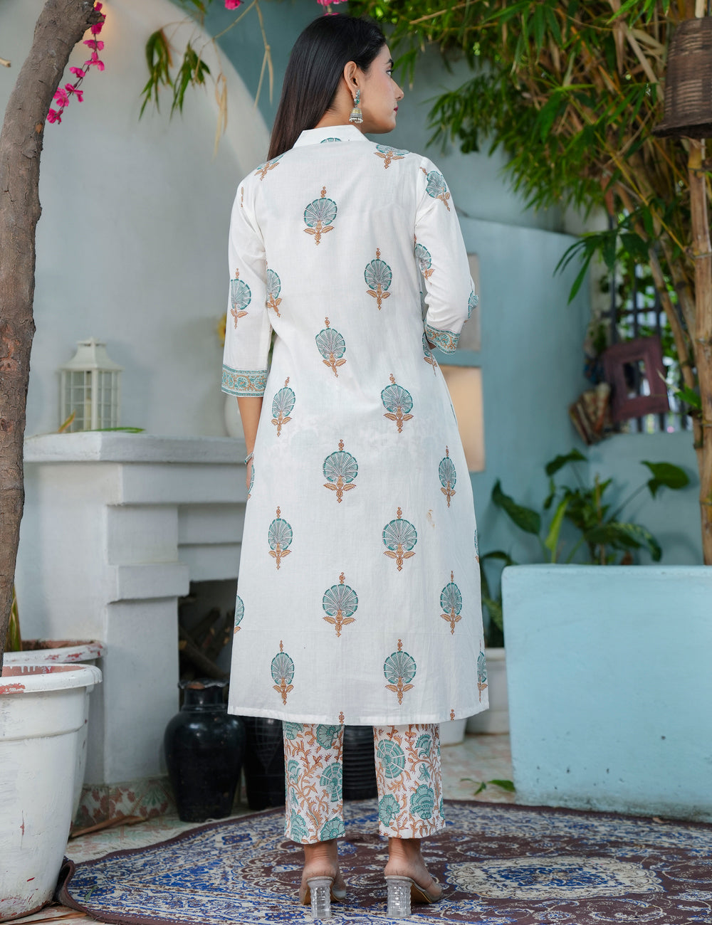 Teal Rust Hand-Block Mandarin Collar Printed Cotton A-line flared Kurta Set with Kota Doria Dupatta - HL67