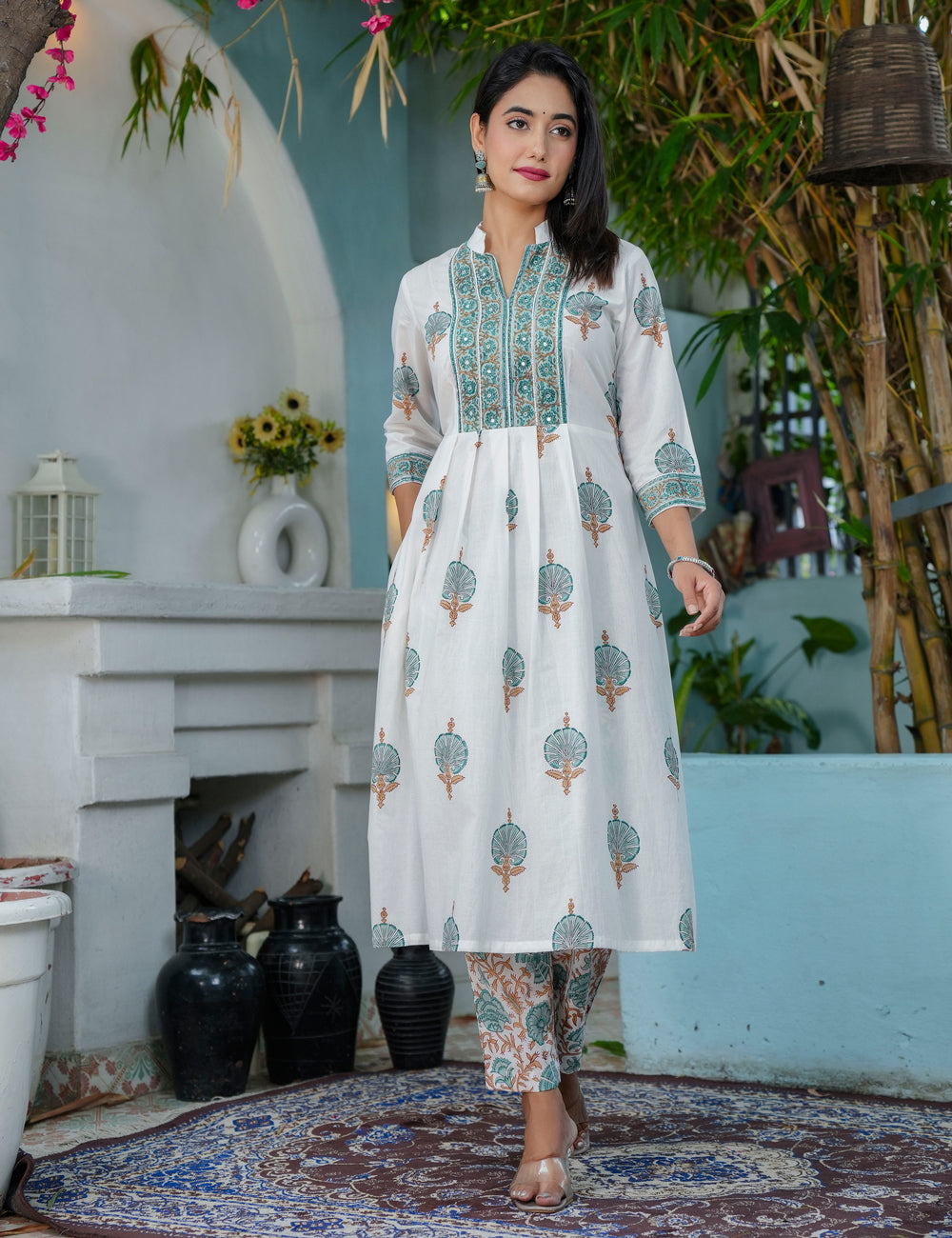 Teal Rust Hand-Block Mandarin Collar Printed Cotton A-line flared Kurta Set with Kota Doria Dupatta - HL67