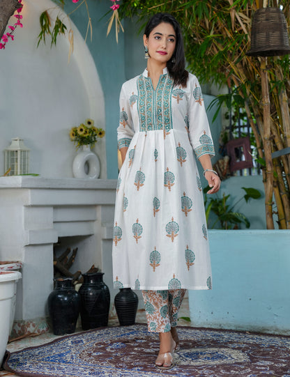 Teal Rust Hand-Block Mandarin Collar Printed Cotton A-line flared Kurta Set with Kota Doria Dupatta - HL67