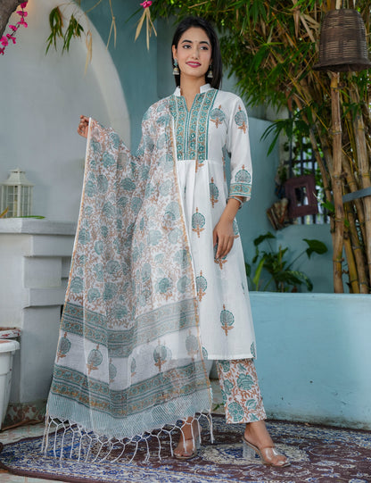 Teal Rust Hand-Block Mandarin Collar Printed Cotton A-line flared Kurta Set with Kota Doria Dupatta - HL67